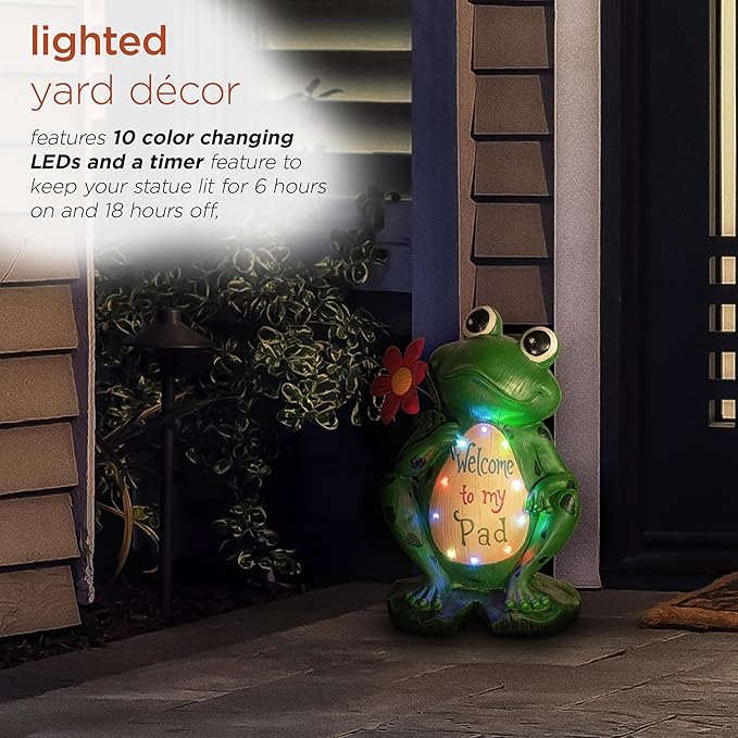 Alpine Corporation 18" Tall Outdoor Frog with Color Changing LED Lights and Welcome Sign Yard Statue