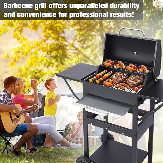 CIG GARDEN Charcoal Grill with 2 Foldable Side Tables,20-Inch Outdoor Barbecue Grill with 330 Sq.In.Cooking Area,Enamel Steel Wiring Charcoal Grill with Charcoal Trays for Camping Garden Backyard