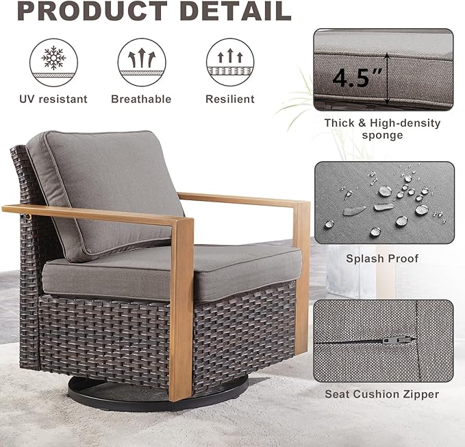 Rilyson Outdoor Patio Swivel Rocker Chairs - Wicker Rattan Patio Swivel Rocking Chairs Set of 2 with Metal Wide Armrest, Thick Cushions and Deep Seating for Deck Porch Sunroom Garden(Brown/Grey)
