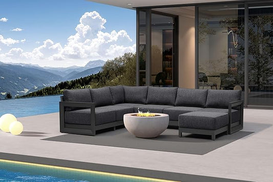 PURPLE LEAF Patio Furniture Set U-Shaped Outdoor Couch with 9.6" Thick Cushion and Soft Pillows 7 Piece Outdoor Sectional Sofas with Ottoman Modern Patio Conversation Sets for Yard Porch Deck, Grey