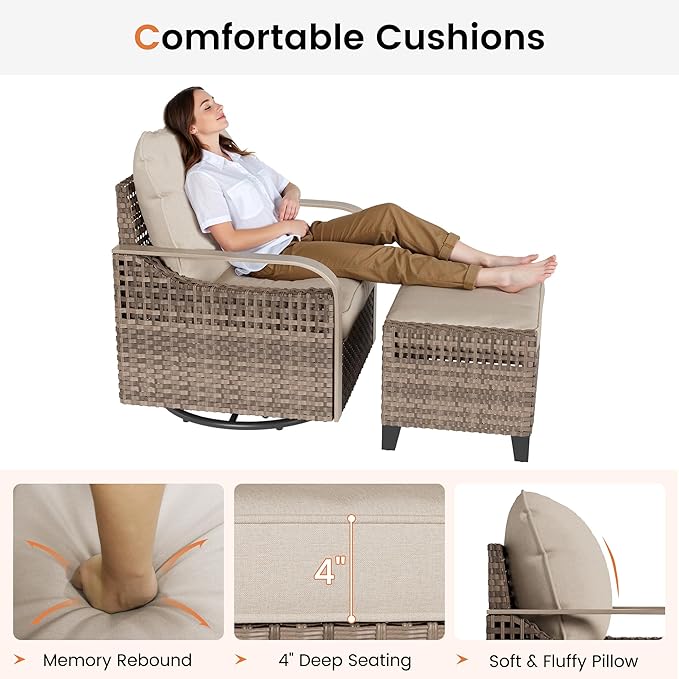 UDPATIO 3 Pieces Outdoor Patio Furniture Set, Patio Set with Washable Thick Cushions, Rattan Patio Conversation Sets for Deck, Yard, and Poolside, Yellow/Beige