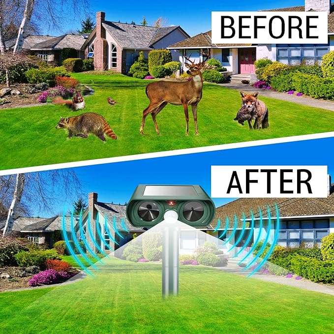 4 Pack Ultrasonic Animal Repellent Solar Deer Repllent Devices Cat Repellent Outdoor Animal Deer Deterrent Scare Squirrel, Raccoon, Skunk, Rabbit, Dog with Motion Detector for Yard Garden