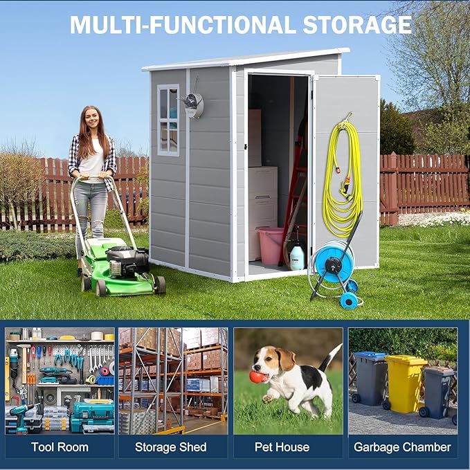 CDCASA 5x4 FT Resin Storage Shed, Waterproof Sheds & Outdoor Storage with Floor & Window & Lockable Door, Tool Shed for Garden, Patio, Backyard, Light Grey