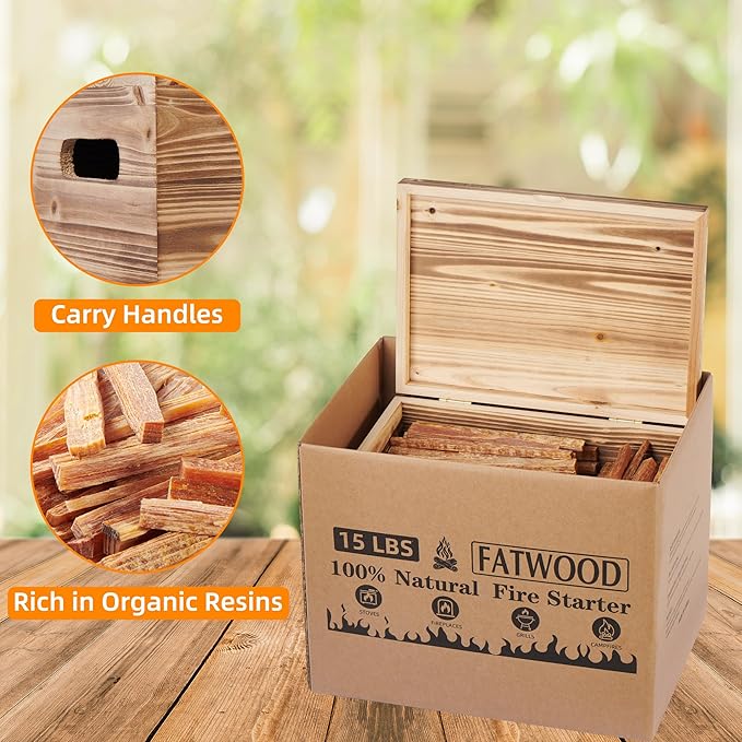 15 lbs Fatwood Fire Starter Sticks, 100% Natural Kindling Firewood Firestarter for Stoves, Pine Wood for Fireplaces, Campfires, Bonfires, Grill
