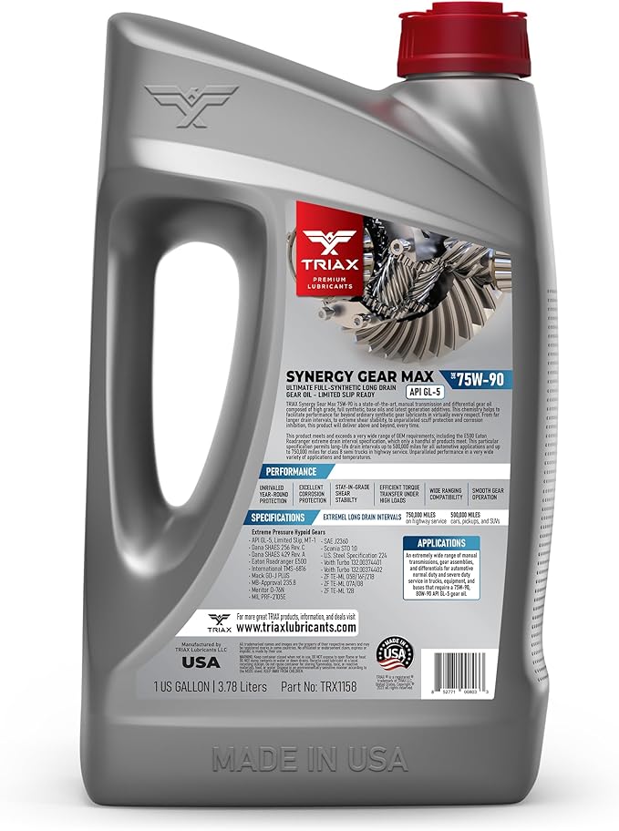 Triax Synergy Gear Max 75W90 GL-5 Limited Slip, Ultra Long Drain 500k Miles, Manual Transmission, Gear/Differential Lubricant (4 Gallon Case)