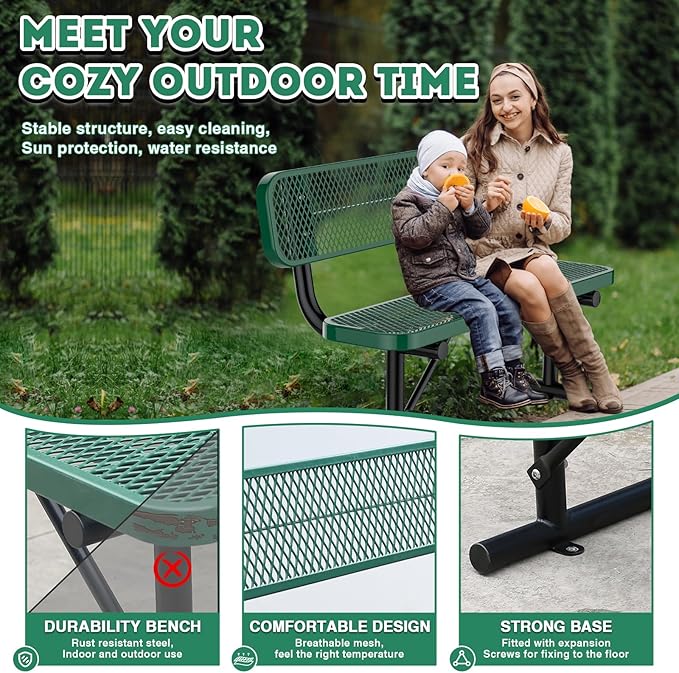 4Ft Outdoor Bench with Back Portable Frame, Outdoor Steel Park Bench with Backrest, Expanded Metal Mesh Bench for Outside, Lawn, Backyard, Park, Deck, Garden, Patio, Porch, Green