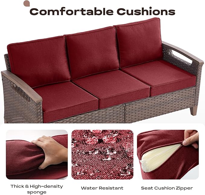 Rilyson Wicker Outdoor Patio Furniture Set - 7 Piece Patio Conversation Sets with Swivel Rocker Chairs, Chairs, Ottomans and Sofa, Thick Cushions, Waterproof Wicker, for Porch Deck Brown/Red