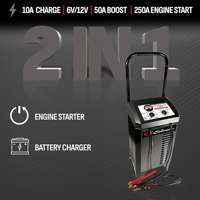 Schumacher Electric Wheeled Manual 10A Car Battery Charger and 250A Engine Starter, 2-in-1 Solution, 50A Boost, for 6V/12V Power Sport, Automotive, and Marine Batteries, SC1445