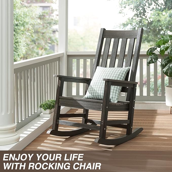 Rocking Chair Outdoor, HDPE Oversized Patio Rocking Chairs, Weather Resistant, 350lbs Heavy Duty Porch Rocker with High Back for Backyard, Fire Pit, Garden and Indoor (Dark Brown)