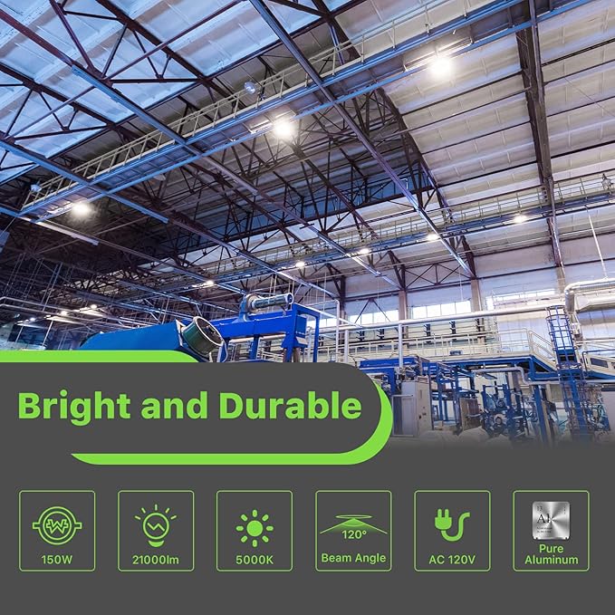 Glitgate LED High Bay Light 150W, 21000lm 5000K UFO Led High Bay Light(600W MH/HPS Equiv.), Commercial Bay Lighting with 5ft Cable US Plug for Garage Shop Barn Warehouse