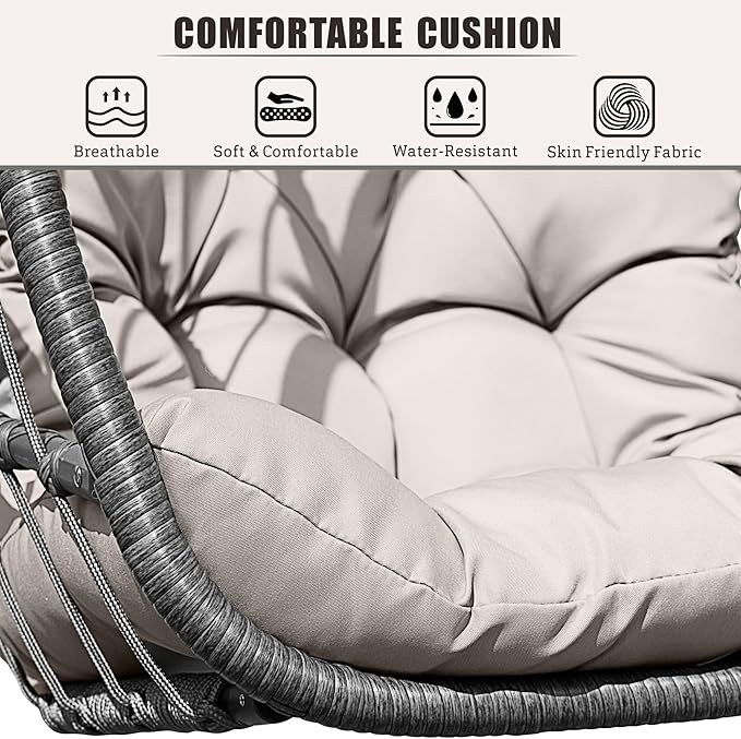 HWB Hanging Egg Chair with Stand, Patio Wicker Egg Swing Chair with Cushion for Bedroom Garden Indoor Outdoor (Beige)