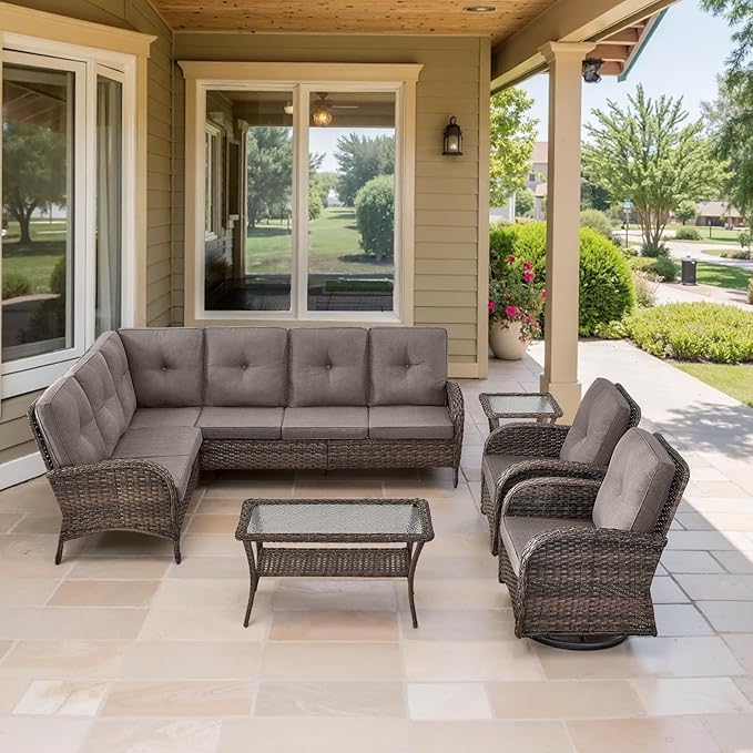 Belord Outdoor Furniture Set - 6 Pieces Patio Conversation Sectional Sofa Set with Swivel Rocker Outdoor Chairs Set of 2 and Wicker Coffee Table for Deck Backyard Sunroom Brown
