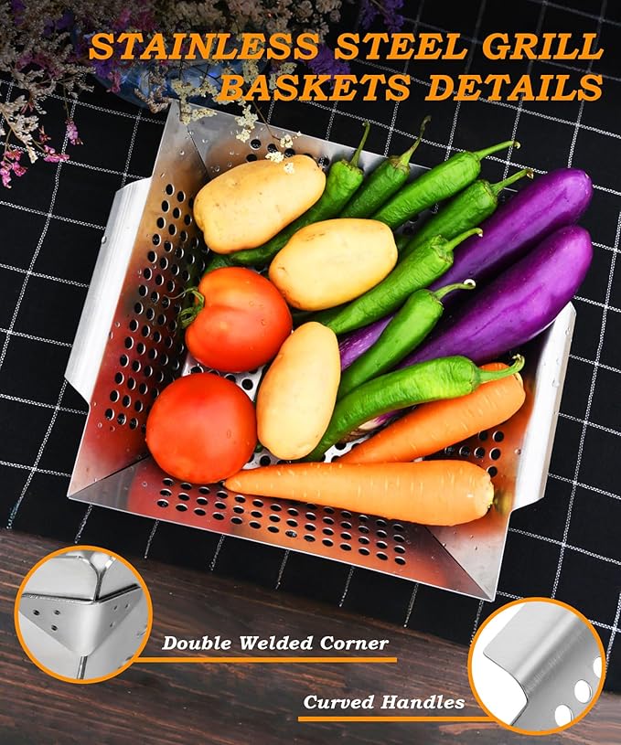 Grill Basket for Outdoor Cooking 13.4 Inch, Stainless Steel Vegetable & Fish Grilling Tray with Handle, Nonstick Dishwasher Safe BBQ Accessories for Camping, Backyard BBQ