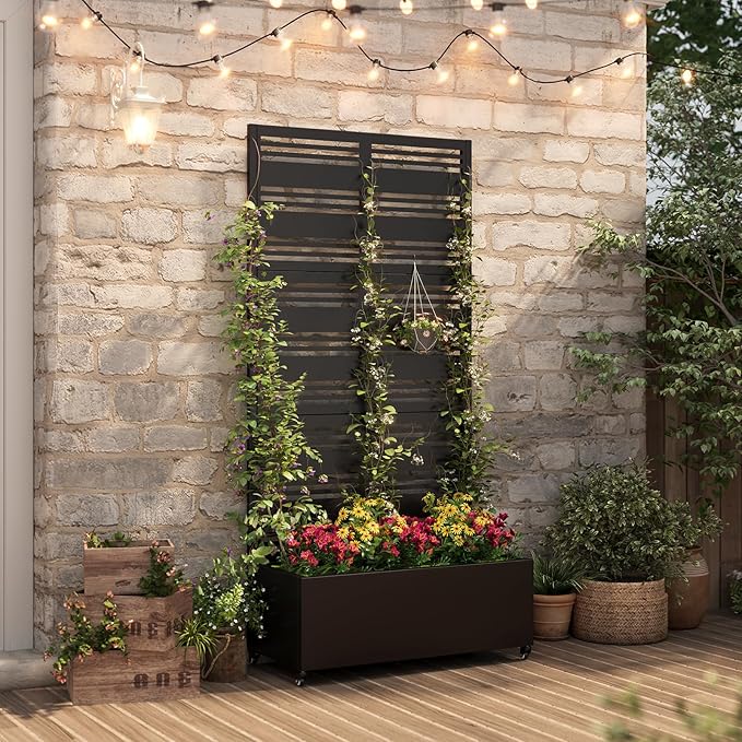 Metal Raised Garden Bed with Trellis & Wheels,72" x 35"x 15.7" Planter Box with Trellis,Privacy Planters for Patio,Garden Bed for Climbing Plants,Suitable for Climbing Plants and Vegetables,Black