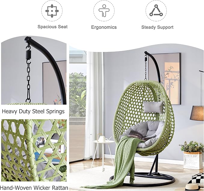 Hanging Egg Chair with Stand, Egg Swing Chair with Stand Indoor Outdoor,Green Wicker Swing Egg Chair for Adults, Hammock Chair with Comfortable Cushion and Stable Round Metal Base for Bedroom Patio