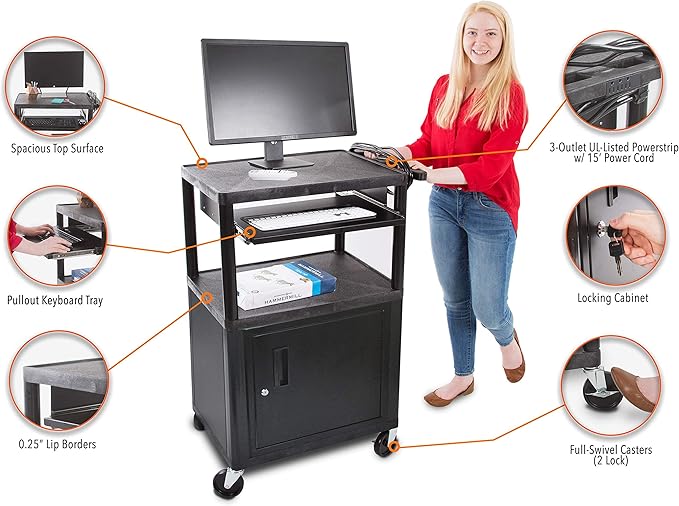 Line Leader Plastic AV Cart with Keyboard Tray and Locking Metal Cabinet, Heavy Duty Mobile Workstation with 4 Rolling Casters, 2 Locking Brakes, Heavy Duty, Holds up to 75 lbs (42 Inch w Cabinet)