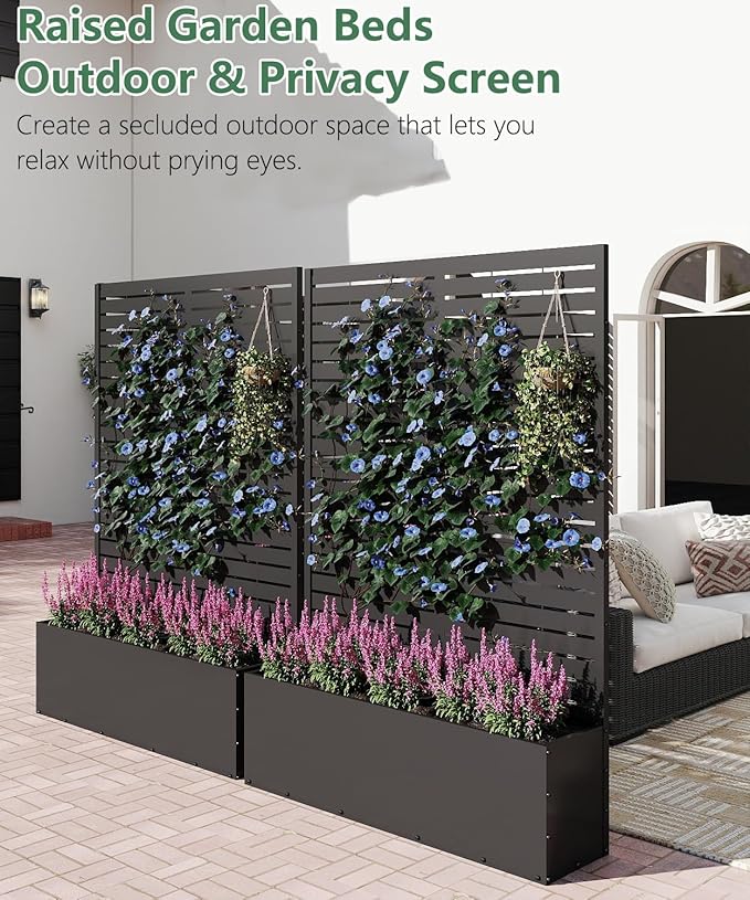 2PCS Metal Planter Box with Trellis,70.9"x47.2"x15.7" Raised Garden Bed with Drainage Holes, Privacy Planters for Outdoor, Garden Bed for Climbing Plants,Vegetables,and Vines, Black-louvered