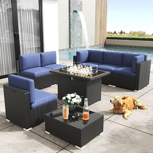 Patio Furniture Set with Fire Pit Table, 8 Pieces Outdoor All-Weather Wicker Conversation Sectional Chair Sofa Set