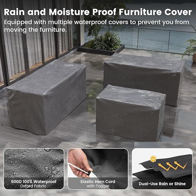 UDPATIO Patio Furniture Set with Fire Pit Table, 8 Inch Armrest Patio Sectional Sofa, 7 Piece Wicker Outdoor Furniture Conversation Set with Waterproof Cover for Backyard Deck(Grey/Navy)