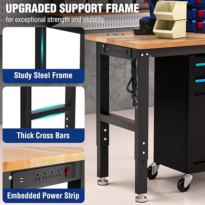 WORKPRO Adjustable Garage Workbench, 60x24 Rubber Wood Top Heavy-Duty Work Desk with Power Outlets, Leveling Foot, 5 Heights, 1500 LBS Load Capacity Work Benches for Garage, Workshop