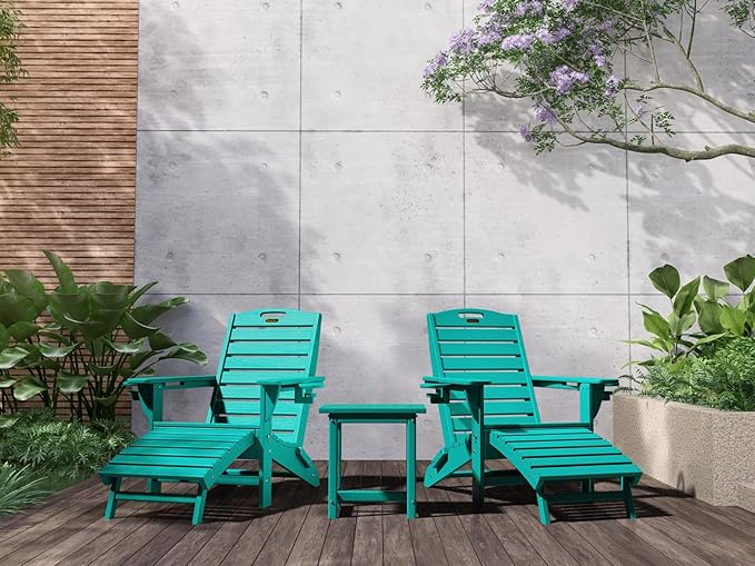 Folding Adirondack Chair with Retractable Ottoman Weather Resistant Fire Pit Chair Patio Chair with 2 Cup Holder Lawn Outdoor Lounge Chair (Tiffany Blue)