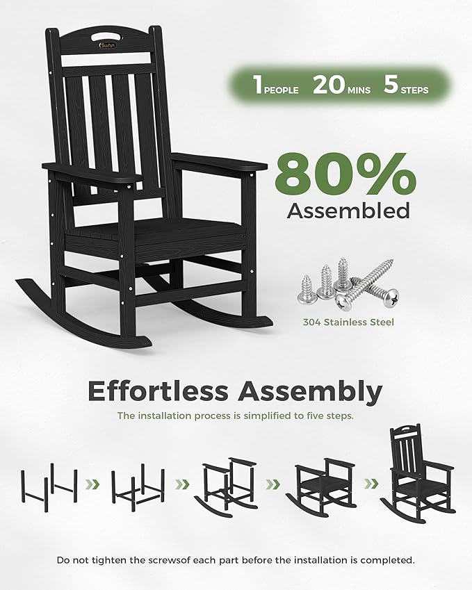 Oversized Outdoor Rocking Chair Set of 4, High Back Porch Rocker Chair, HDPE All Weather Resistant Rocking Chairs for Patio, 384lbs Weight Capacity, Black