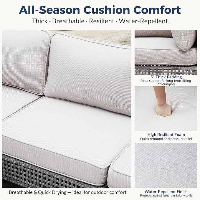 7-Piece Outdoor Wicker Sectional Set with 2 Armchairs, 4 Armless Chairs and Glass Table, Modular PE Rattan Sofa with Beige Cushions for Patio, Deck, Garden, Porch