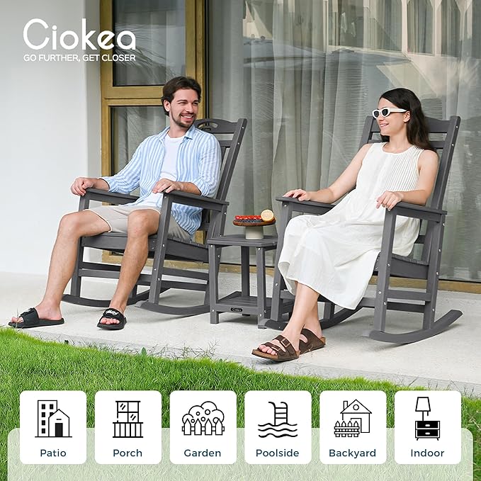 Ciokea Oversized Outdoor Rocking Chair, HDPE Porch Rocking Chair for Outside, Weatherproof Comfortable Patio Front Rockers for Deck Balcony, Grey