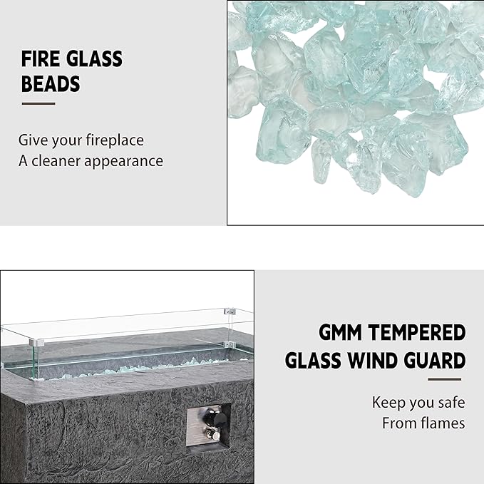 48 Inch Propane Fire Pit Table, Outdoor Rectangle Fire Table w Tank Table (50,000 BTU), 3 Piece Slate Gas Fire Pit in Dark Grey w Glass Wind Guard and White Fire Glass for Garden, Backyard
