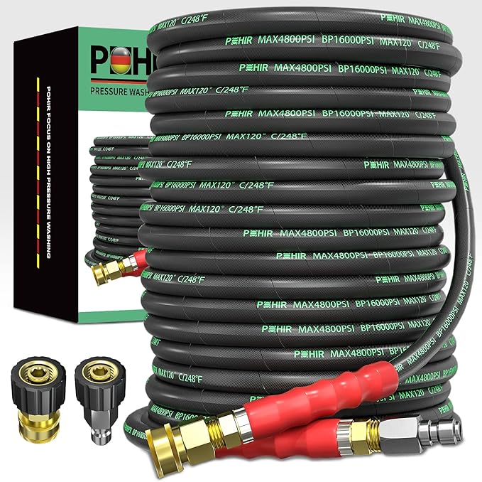 POHIR Pressure Washer Hose 100 ft 3/8 Inch for Cold and Hot Water 248°F End 3/8'' Quick Connect, 4800psi Kink Resistant Industrial Grade Steel Wire Braided, 2pcs M22-14mm Swivel to 3/8'' Adapter Kit