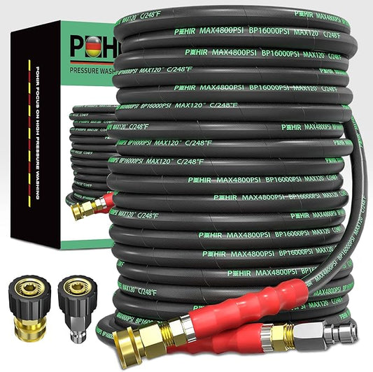 POHIR Pressure Washer Hose 100 ft 3/8 Inch for Cold and Hot Water 248°F End 3/8'' Quick Connect, 4800psi Kink Resistant Industrial Grade Steel Wire Braided, 2pcs M22-14mm Swivel to 3/8'' Adapter Kit