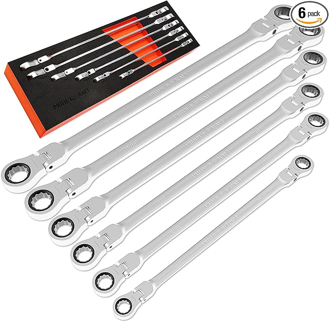 PRIDE&CRAFT 6-Piece Extra Long Flex Head Ratcheting Wrench Set - Metric Double Box End (8-19mm), CR-V Steel, 90-Tooth Ratchet Wrench for Automotive Repair, EVA Organizer