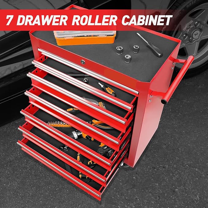 7 Drawers Tool Cart on Wheels, Multifunctional Rolling Storage Tool Chest,Drawers Rolling Tool Boxes Trolley Organizer Case for Garage,Warehouse,Workshop,Repair Shop (7 Drawers - Red)
