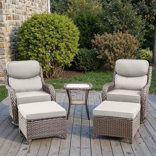 Swivel Patio Chairs sofa Set of 5 with 6" Thick Cushion - Wicker Outdoor Swivel Rocker Patio Chair with Side Table, High Back Comfortable Outdoor Glider Chairs - Brown Wicker | Beige Cushions