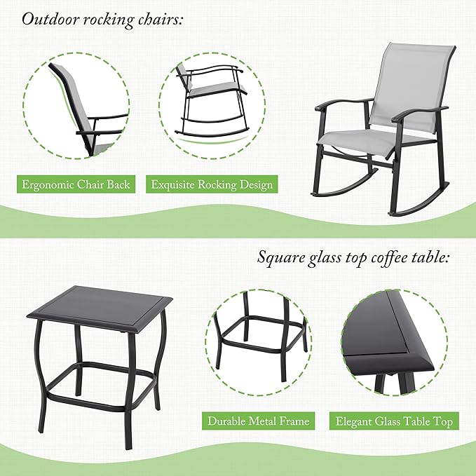 Shintenchi 3 Piece Rocking Bistro Set, Outdoor Furniture with Rocker Chairs and Glass Coffee Table Set of 3, Balcony, Porch Furniture for Small Space, Light Gray