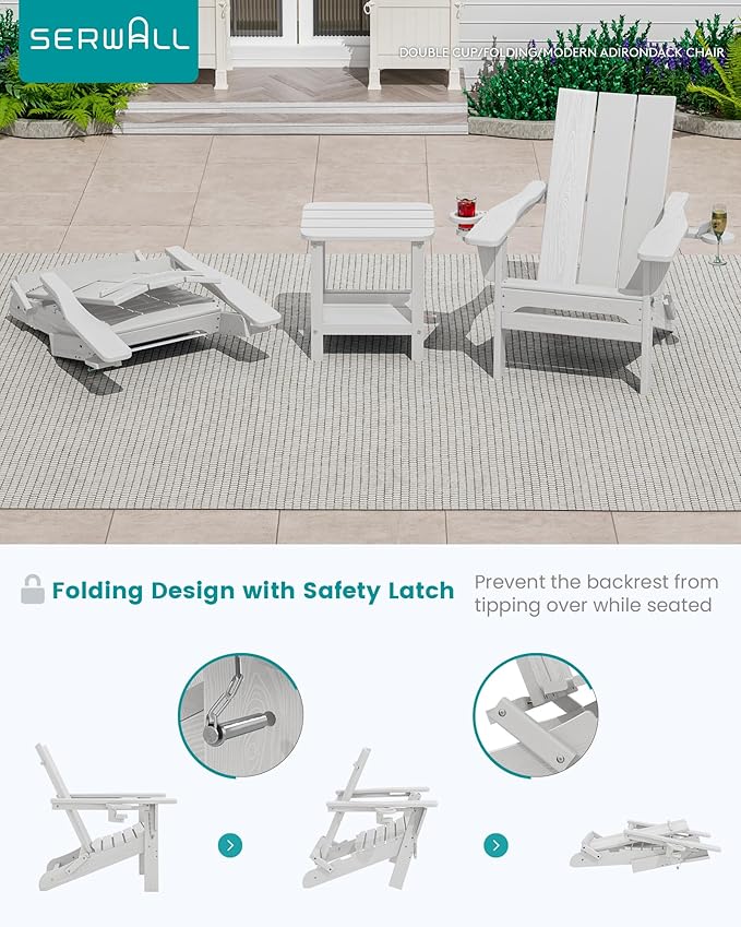SERWALL Modern Folding Adirondack Chair Set of 4, Weather Resistant HDPE Outdoor Adirondack Chair with Cup Holders, Fire Pit Chairs for Patio Lawn Garden, White