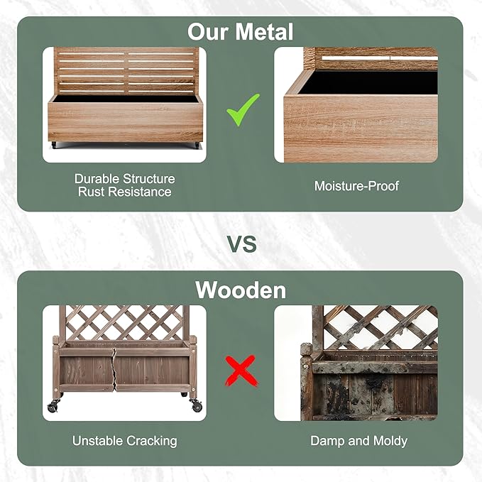 Metal Planter Box with Trellis Privacy Screen, Outdoor Raised Garden Beds with Wheels & Drainage Holes (47" L, Brown Oak Grain)