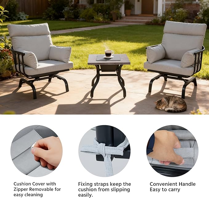 LAUSAINT HOME 3 Pieces Outdoor Patio Conversation Furniture, Luxury Motion Glider Chairs and Ice Bucket Table & Coffee Table, Rocking Chairs with Olefin Cushions, for Patios, Gardens, Balconies