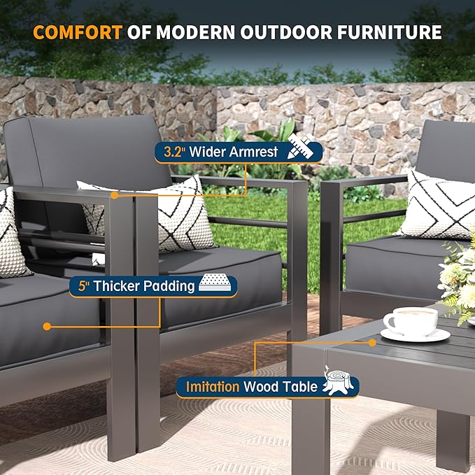 UDPATIO 8 Piece Aluminum Patio Furniture Set with Wicker Fire Pit Table,Mordern Outdoor Furniture Set with Water-Proof Cover Included, Dark Grey