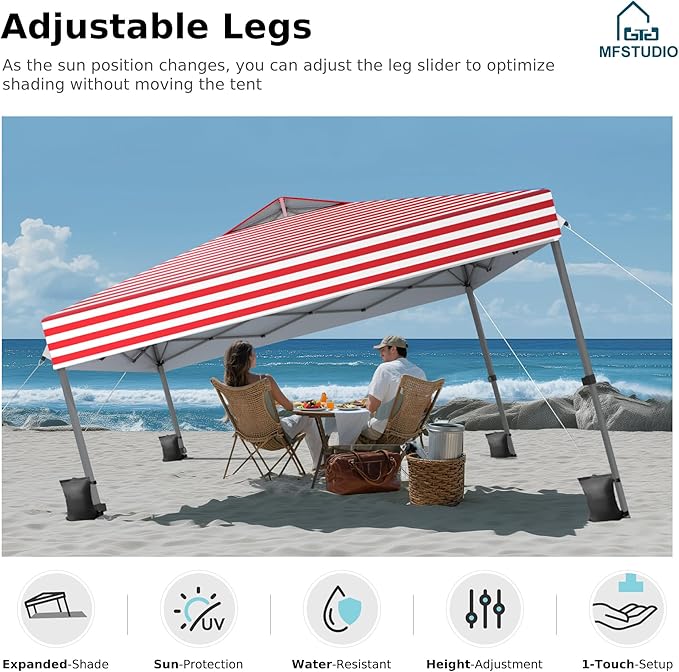MFSTUDIO Pop Up Canopy Tent, 10x10 Outdoor Canopies One Person Push Set Up Tent Instant Portable Shelter Tents with Vented Top, Storage, 4 Sandbags, Beach Canopy, Red Stripe