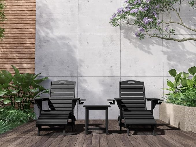 Folding Adirondack Chair with Retractable Ottoman Weather Resistant Fire Pit Chair Patio Chair with 2 Cup Holder Lawn Outdoor Lounge Chair (Black)