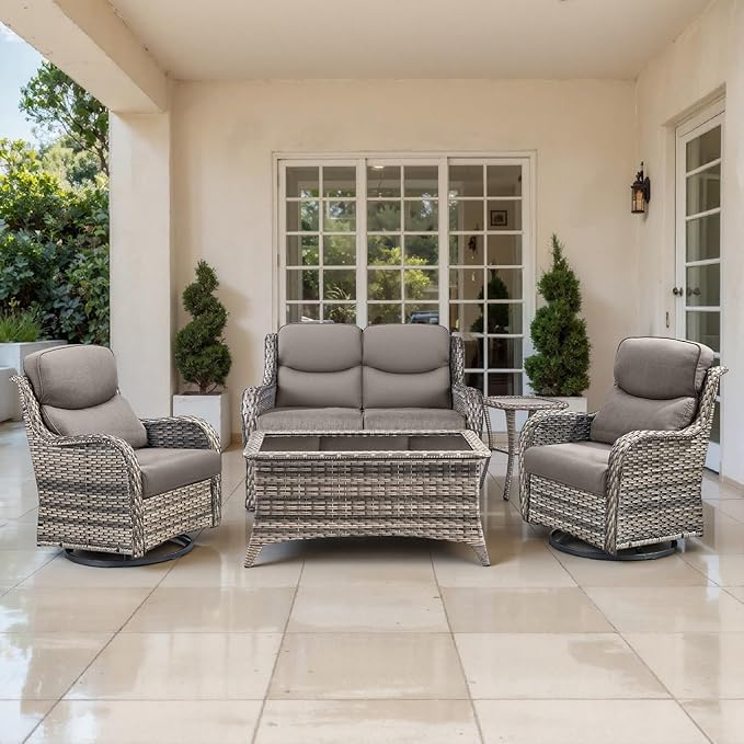 Outdoor Swivel Rocker Patio Chairs Set of 5 with Loveseat - 5" Thick Cushion 5 Piece Furniture Set with Sofa All Weather Wicker Conversation Set for Porch Deck - Grey Wicker | Grey Cushions