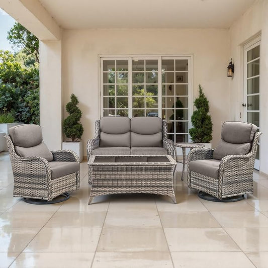 Outdoor Swivel Rocker Patio Chairs Set of 5 with Loveseat - 5" Thick Cushion 5 Piece Furniture Set with Sofa All Weather Wicker Conversation Set for Porch Deck - Grey Wicker | Grey Cushions
