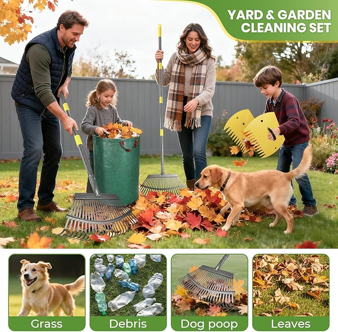 2 Pack Large 18" Wide Metal Leaf Rake, 25 Tines,73” Long Handle,Heavy Duty Graden Rakes Set for Lawn Yard Pine Needles Mulch Thatch Debris Cleanup Set with 2 Pack 72Gallon Leaf Bags and Scoops