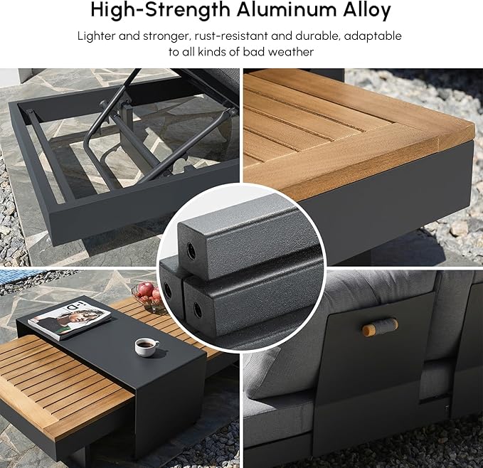 homary 6 Piece Aluminum & Teak Outdoor Sofa Set, Patio Conversation Sets Modular Outdoor Sofa with Covers, Waterproof, Fade Resistant Cushions Ideal for Patios & Balconies