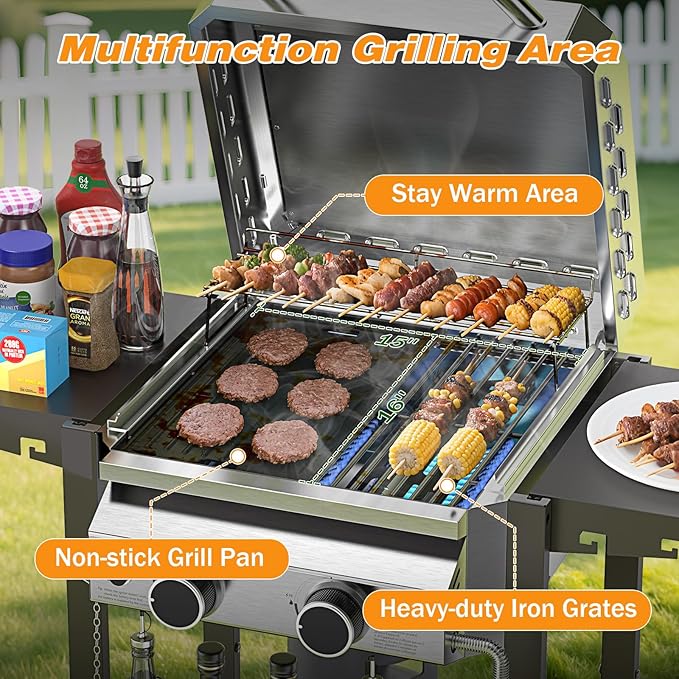 2 Burner BBQ Propane Gas Grill, Stainless Steel 16,000 BTU Patio Garden Barbecue Grill with Two Foldable Shelves, Gas Grill with Grates and Griddle Pan for Outdoor Cooking and BBQ