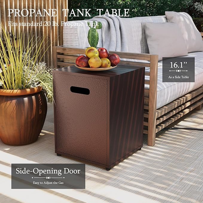 UPHA 56-inch Outdoor Propane Gas Fire Pit Table 50000 BTU Iron Rectangle Firepit for Outside Patio with Tank Hidden Table, Wind Guard, Removable Lid, Blue Glass Rocks, Rain Cover, Brown