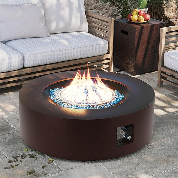 UPHA 42-inch Outdoor Propane Gas Fire Pit Table 50000 BTU Iron Round Firepit for Outside Patio with Tank Hidden Table, Removable Lid, Blue Glass Rocks, Rain Cover, Brown