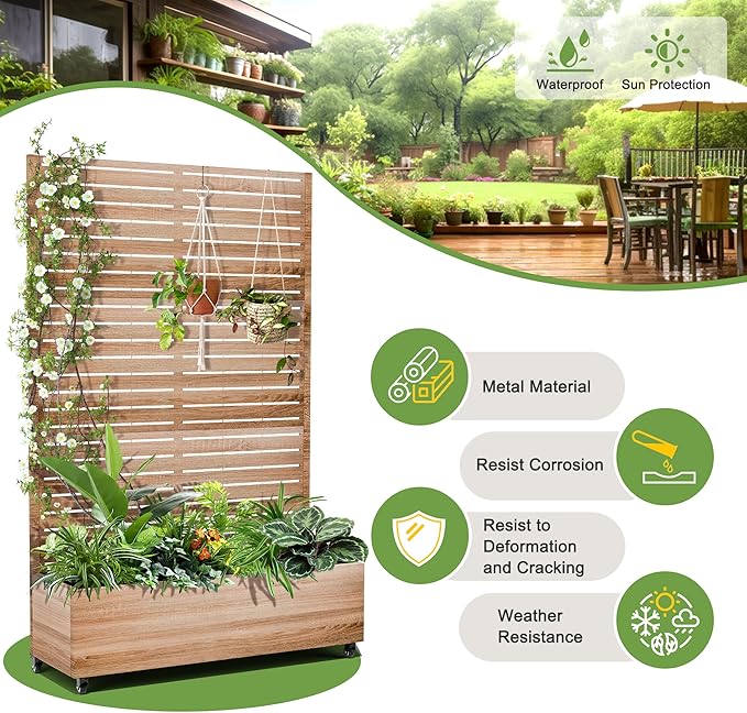 FENCY Metal Raised Garden Bed with Wheels and Trellis,73"x47"x16" Planter Box for Climbing Plants, Vegetables & Vines, Features Privacy Screen and Drainage Holes (Natural Wood Color)