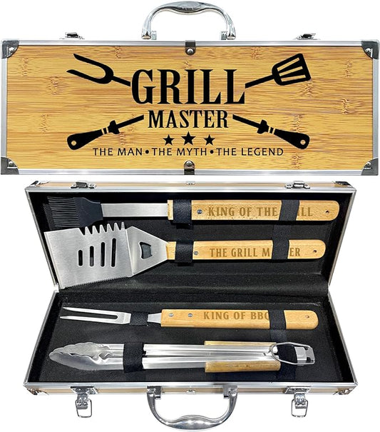Grilling Accessories, Christmas Grilling Gifts for Men, Birthday Gift for Dad, Heavy Duty Wooden BBQ Grill Kit, Thick Stainless Steel Grill Utensils with Non-Slip Handle Tools in Portable Bag